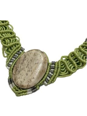 Lime Green Macramé and Buffalo Bone Necklace with Adjustable Cord